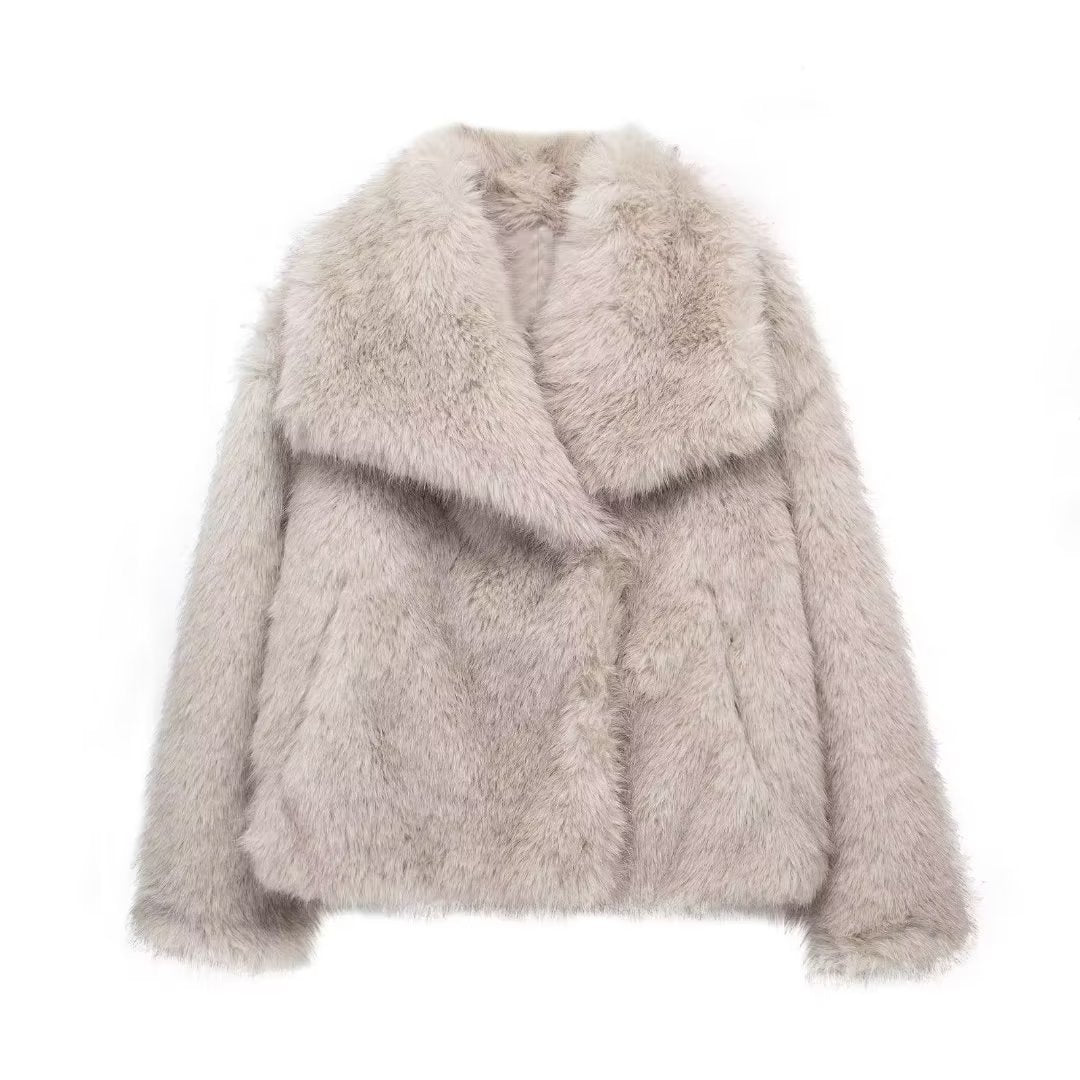 Fluffy plush coat in white color with lapel collar and long sleeves for cozy winter wear (Color: White)