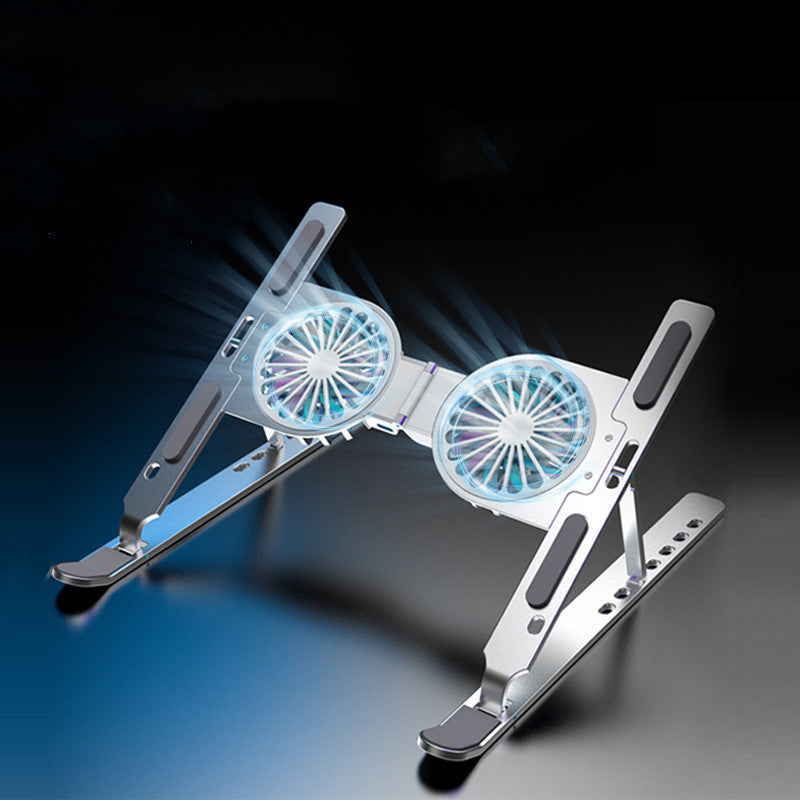 Foldable aluminum laptop stand with cooling design and portable structure depiction of cooling effect