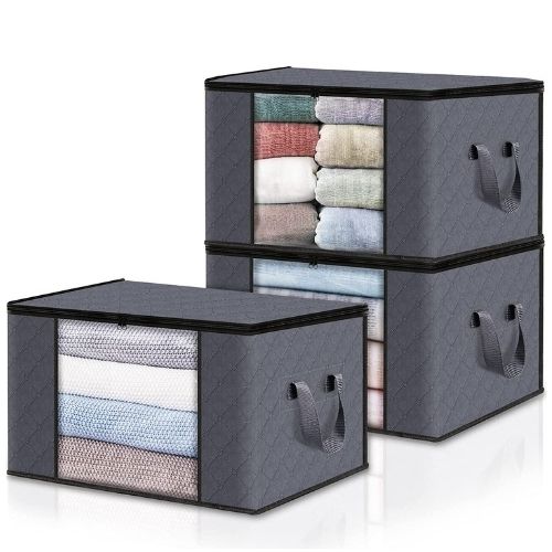 Foldable high capacity storage bags 3 pack with reinforced handles transparent windows and large organization space