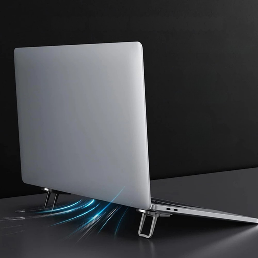 Foldable laptop stand 2 pack with adjustable angles for ergonomic viewing and cooling depiction of air flow and cooling feature