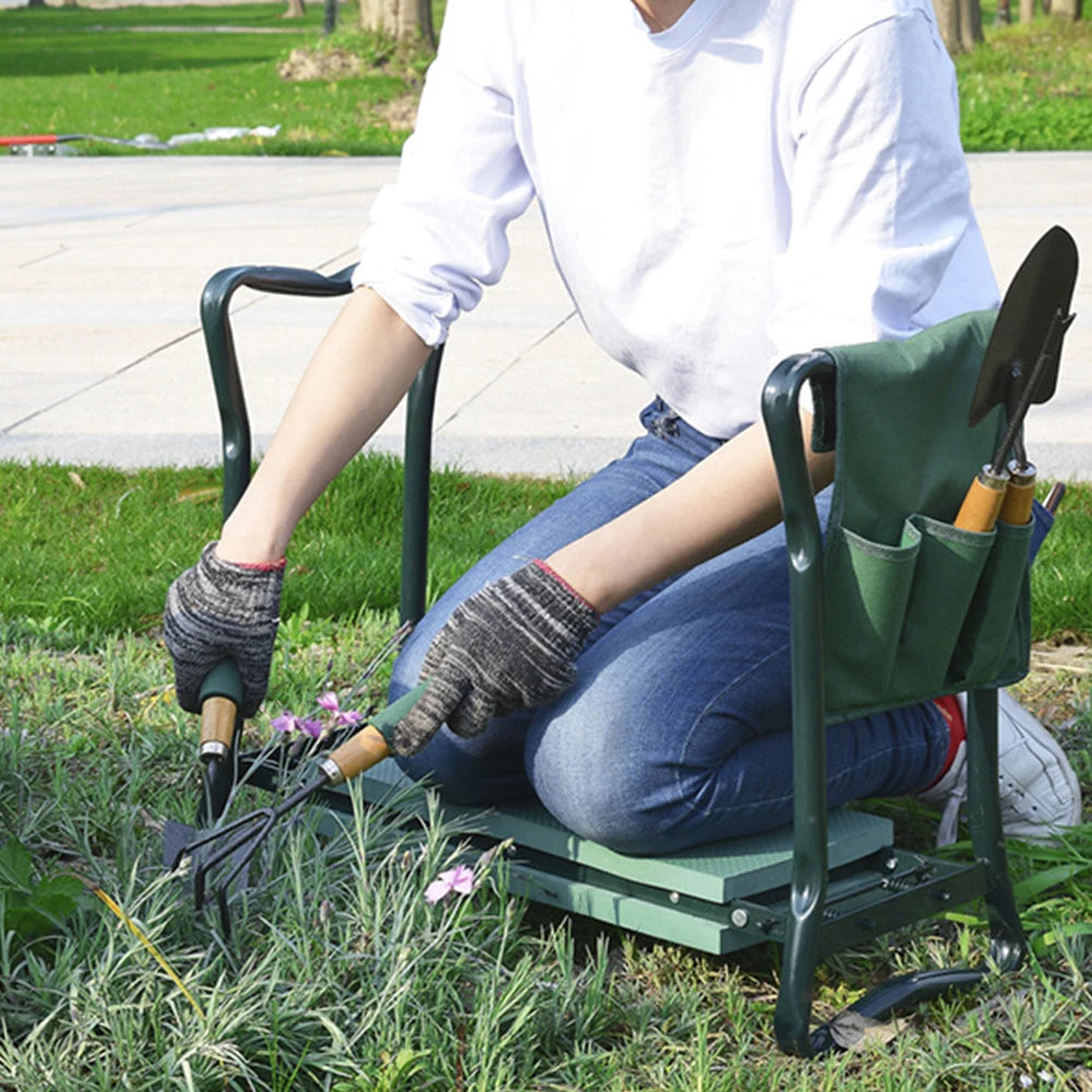 Folding garden kneeler and seat with padded cushion and tool organizer model shot as a kneeler