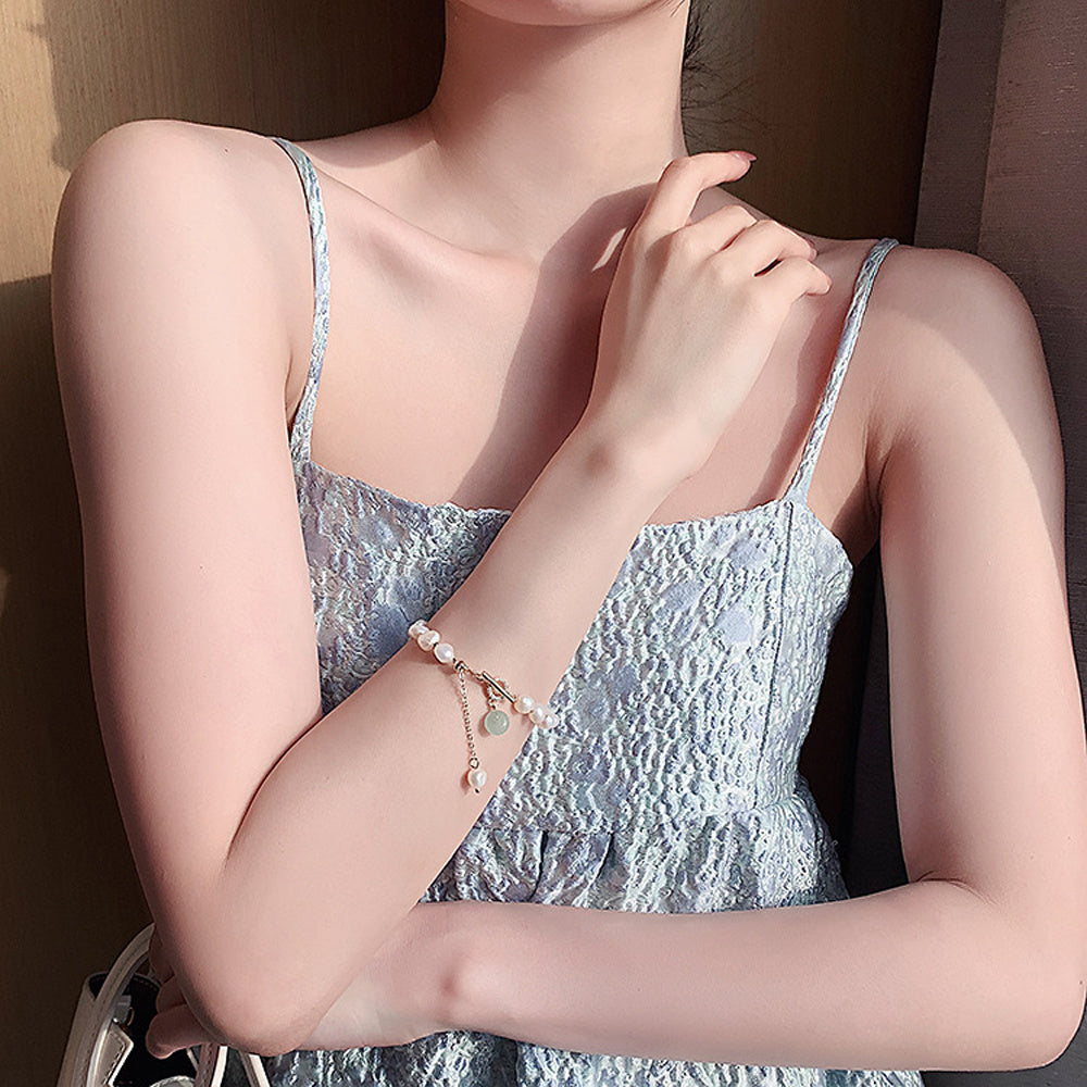 Freshwater pearl adjustable bracelet with elegant minimalist design alternative product shot with model