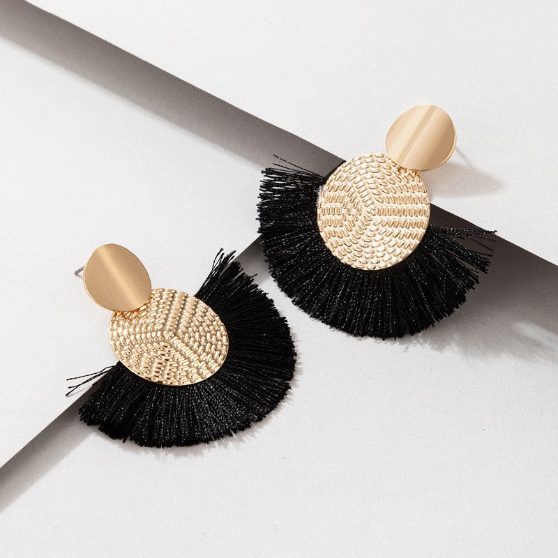 Fringe tassel earrings in black color with lightweight layered design for everyday wear or special occasions (Color: Black)