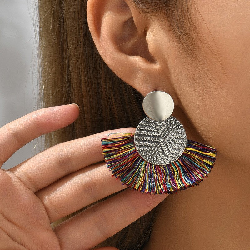 Fringe tassel earrings in colorful color with lightweight layered design for everyday wear or special occasions model shot