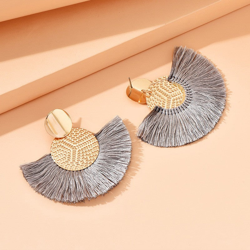 Fringe tassel earrings in gray color with lightweight layered design for everyday wear or special occasions (Color: Gray)