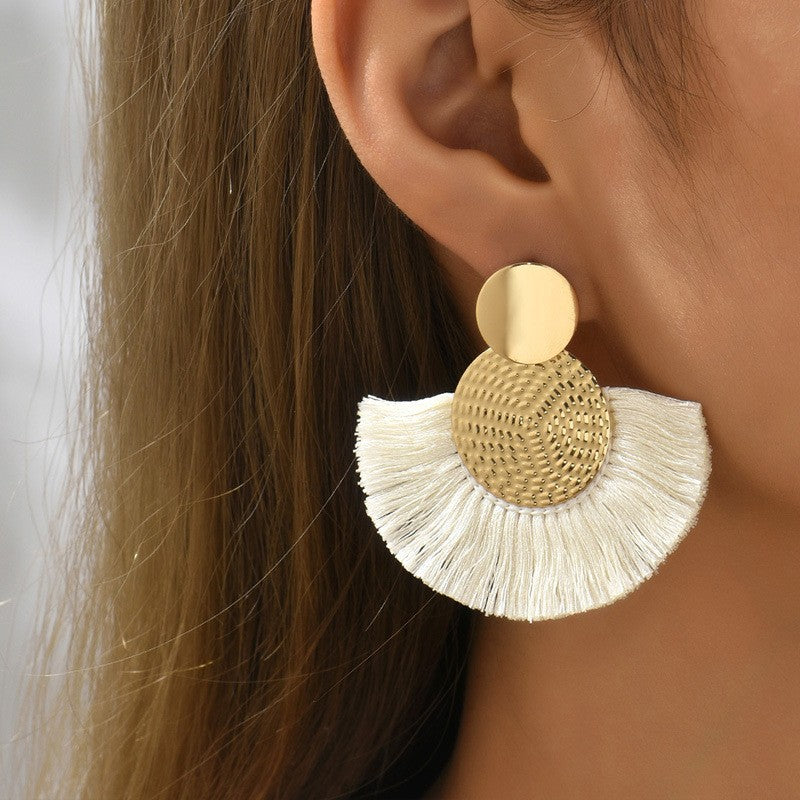 Fringe tassel earrings in white color with lightweight layered design for everyday wear or special occasions model shot