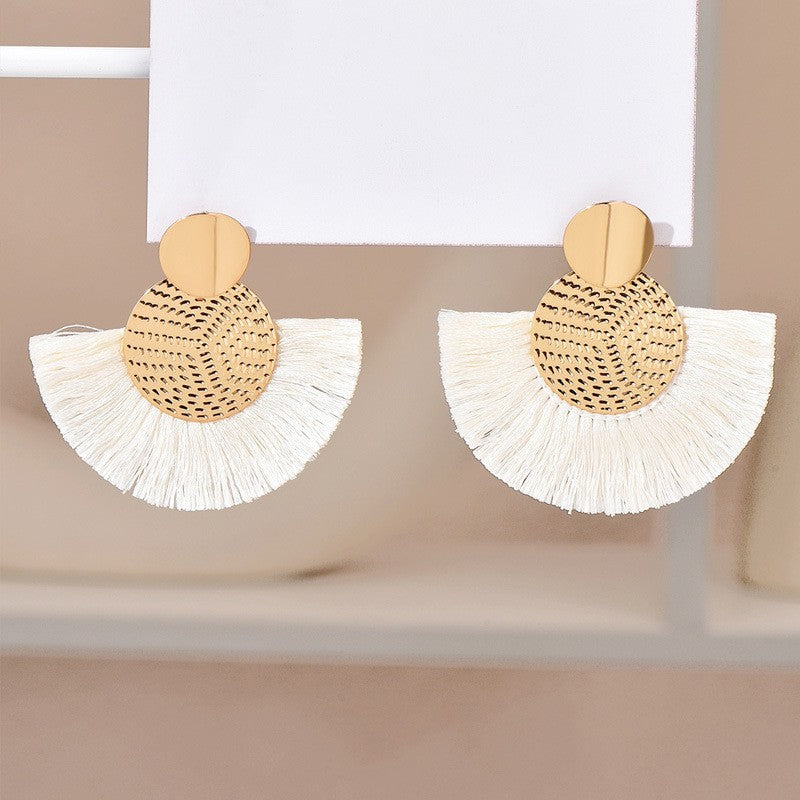 Fringe tassel earrings in white color with lightweight layered design for everyday wear or special occasions (Color: White)