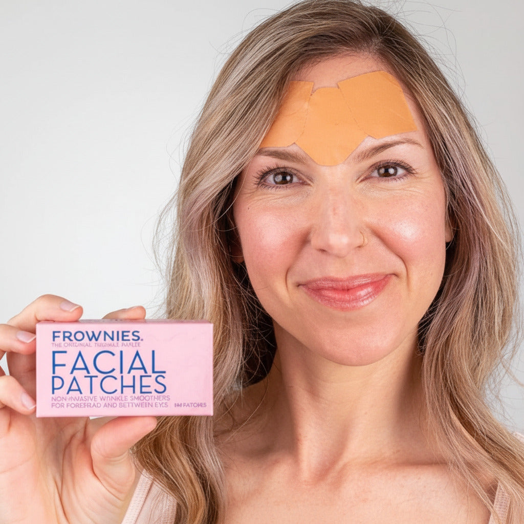 Frownies Anti-Wrinkle Beauty Patches with Model and Rectangular Package