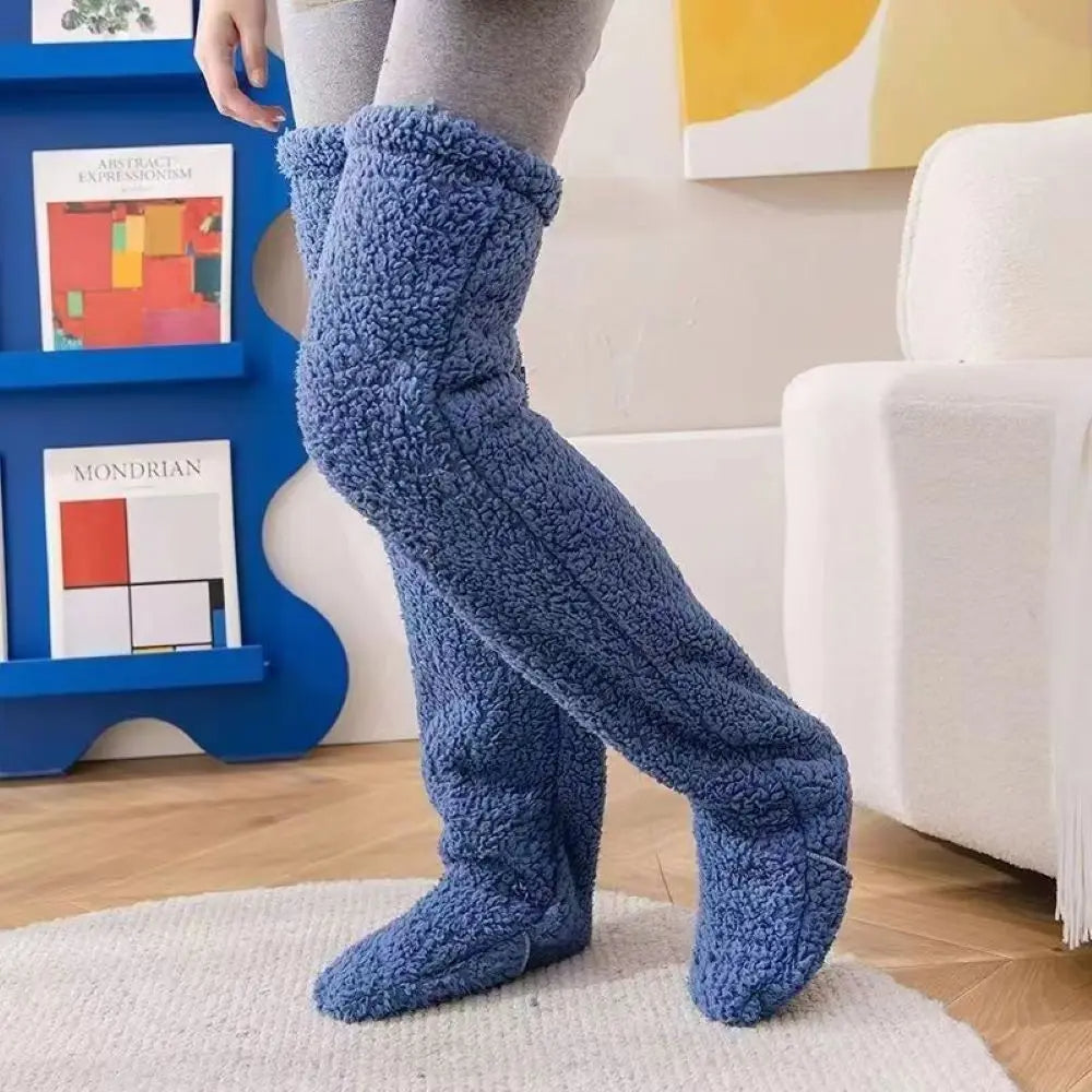 Fuzzy leg warmer socks in blue color with soft plush fabric for warmth and comfort in cold weather (Color: Blue)