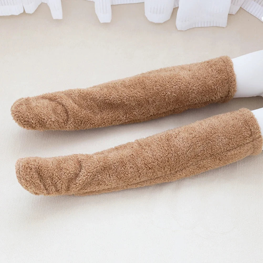 Fuzzy leg warmer socks in brown color with soft plush fabric for warmth and comfort in cold weather (Color: Brown)