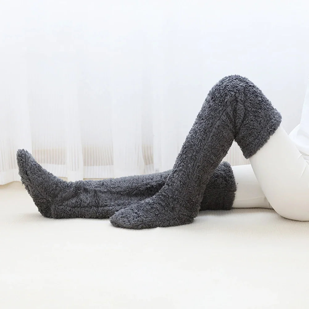 Fuzzy leg warmer socks in dark gray color with soft plush fabric for warmth and comfort in cold weather (Color: Dark Gray)