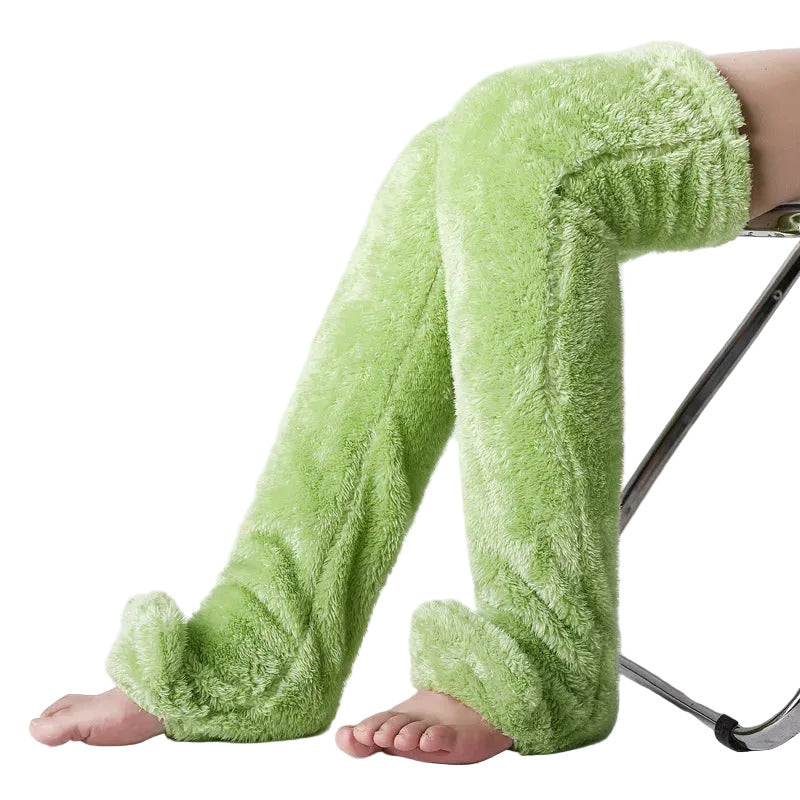 Fuzzy leg warmer socks in green color with soft plush fabric for warmth and comfort in cold weather (Color: Green)