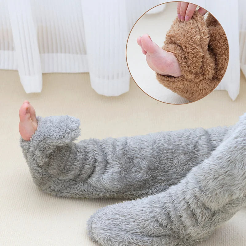 Fuzzy leg warmer socks with soft plush fabric for warmth and comfort in cold weather depiction of open-toe use