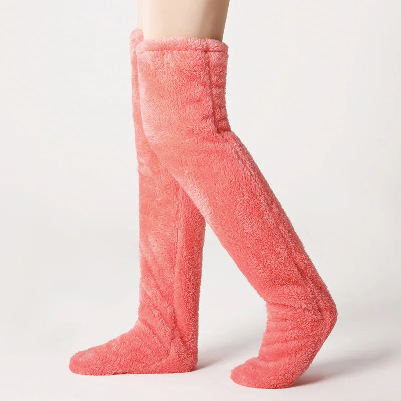 Fuzzy leg warmer socks in red color with soft plush fabric for warmth and comfort in cold weather (Color: Red)