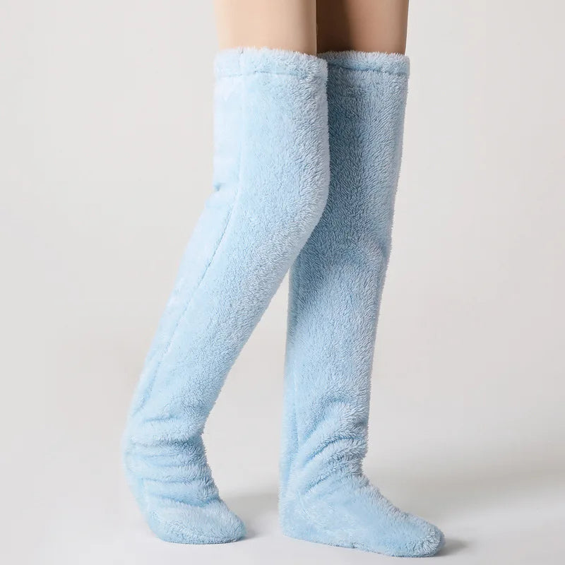 Fuzzy leg warmer socks in sky blue color with soft plush fabric for warmth and comfort in cold weather (Color: Sky Blue)