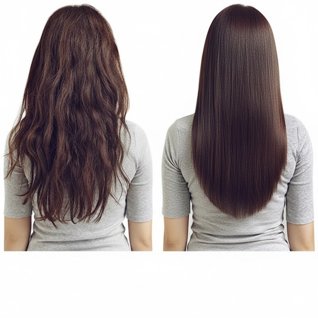 Hair care essential oil designed to nourish hair and add moisture and shine depiction of before and after use