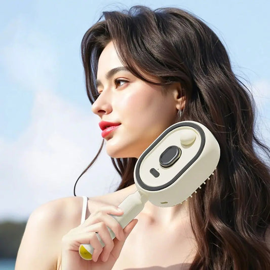 Hair care spray and massage comb with hydrating mist feature and gentle scalp massage cushioning model shot