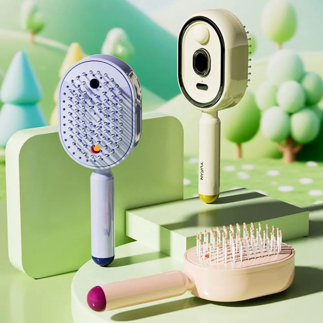 Hair care spray and massage comb with hydrating mist feature and gentle scalp massage cushioning trio