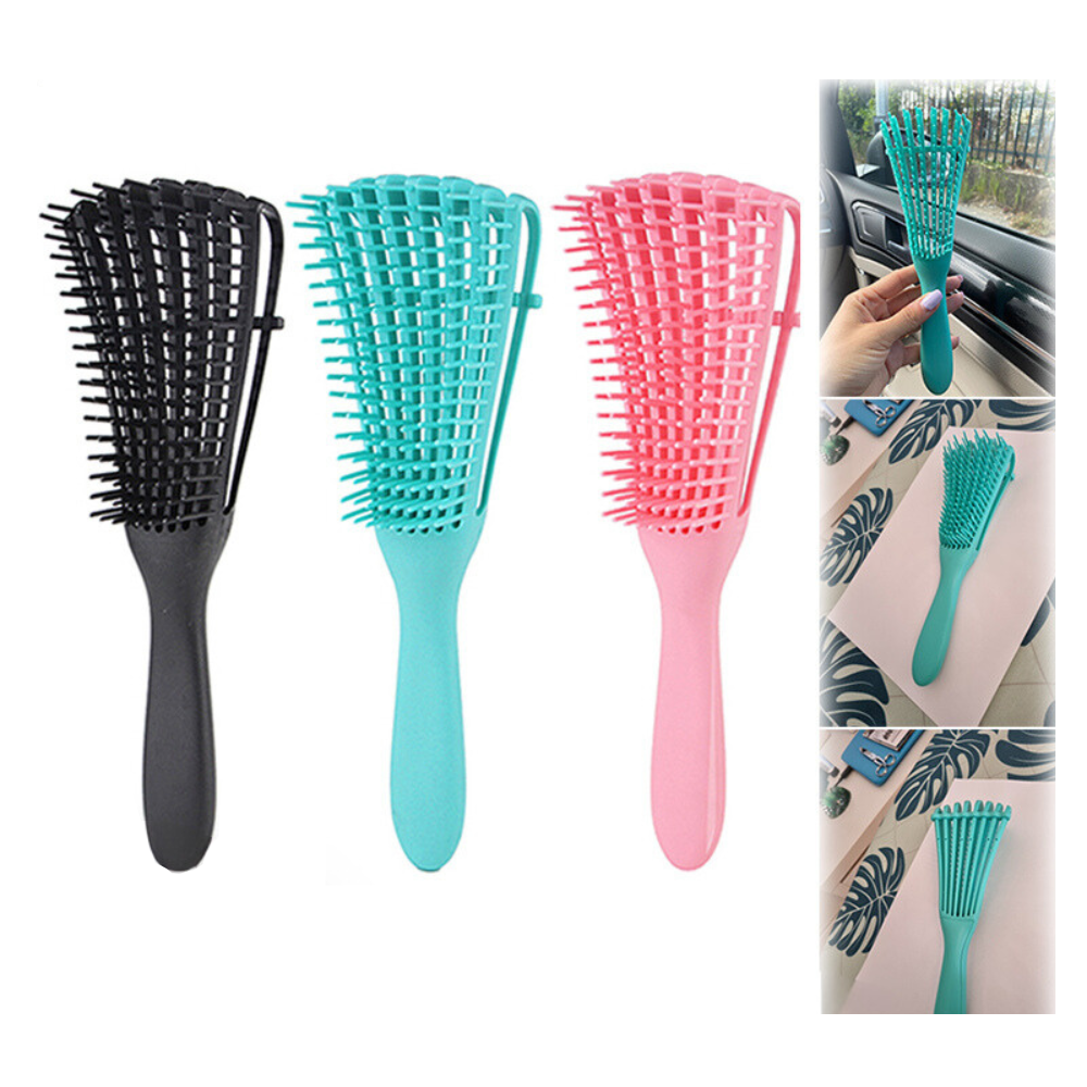 Hair detangling brush with flexible two-tiered teeth for smooth, knot-free hair on wet or dry use trio