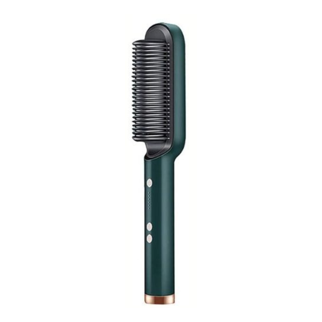 Hair straightening brush in green color with fast heating ionic technology and frizz reducing styling design (Color: Green)
