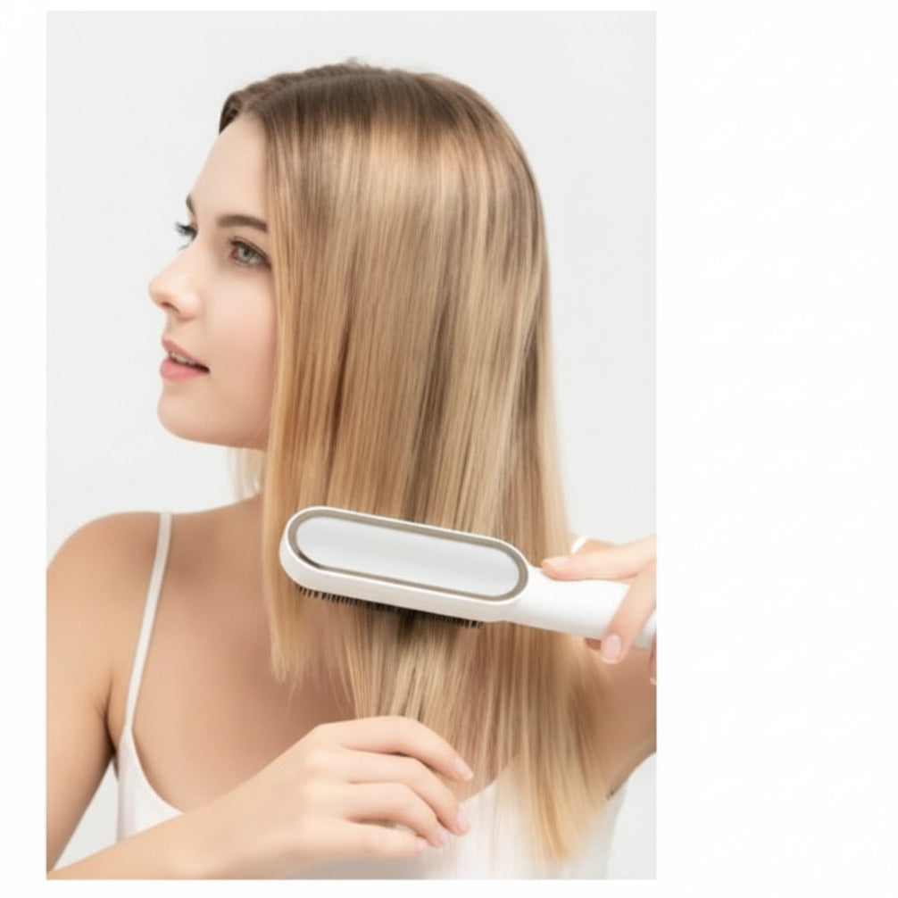 Hair straightening brush with fast heating ionic technology and frizz reducing styling design model shot
