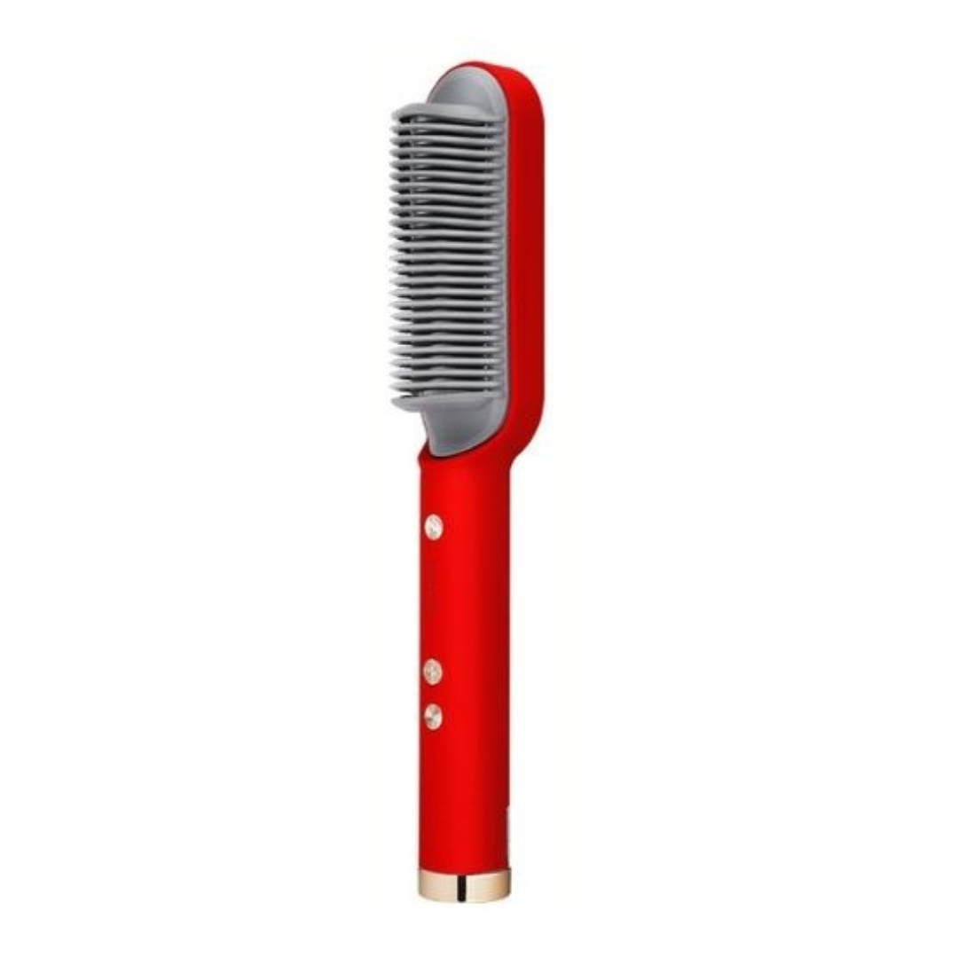Hair straightening brush in red color with fast heating ionic technology and frizz reducing styling design (Color: Red)