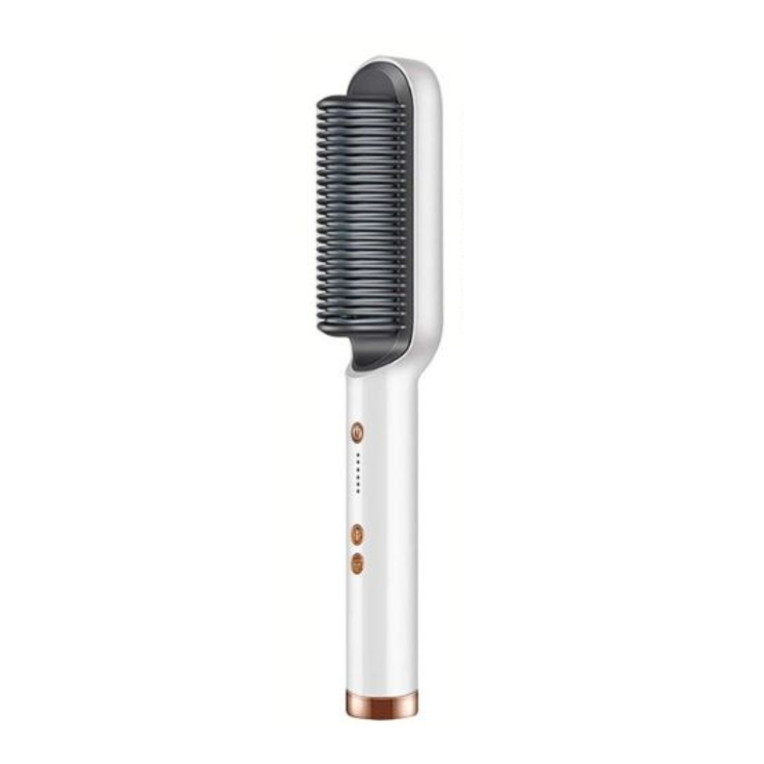 Hair straightening brush in white color with fast heating ionic technology and frizz reducing styling design (Color: White)