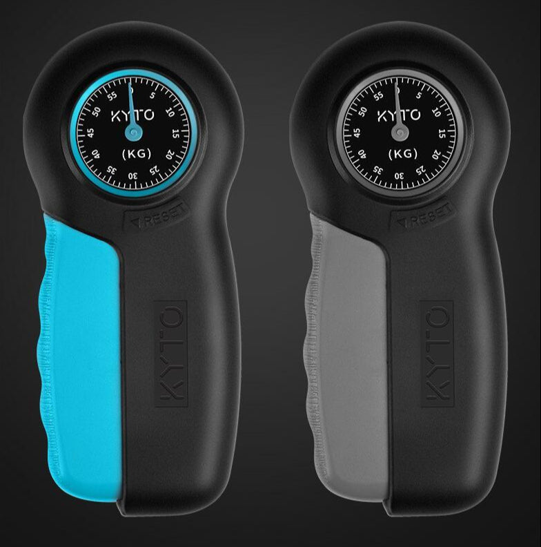 Hand grip strength dynamometer with analog pointer gauge used to measure grip force and hand strength duo