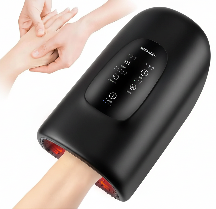 Hand therapy massager in black color with compression and heat for relief from stiffness soreness and fatigue (Color: Black)