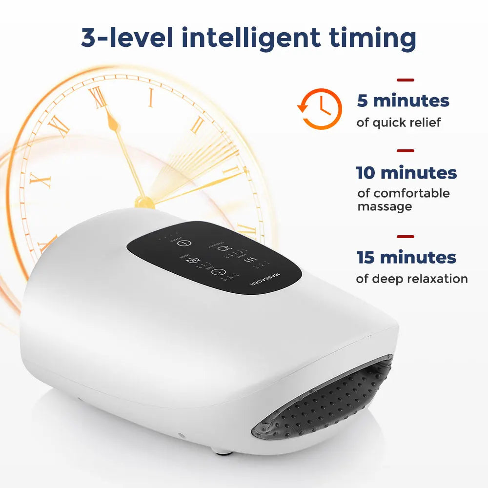 Hand therapy massager with compression and heat for relief from stiffness soreness and fatigue depiction of 3-level intelligent timing