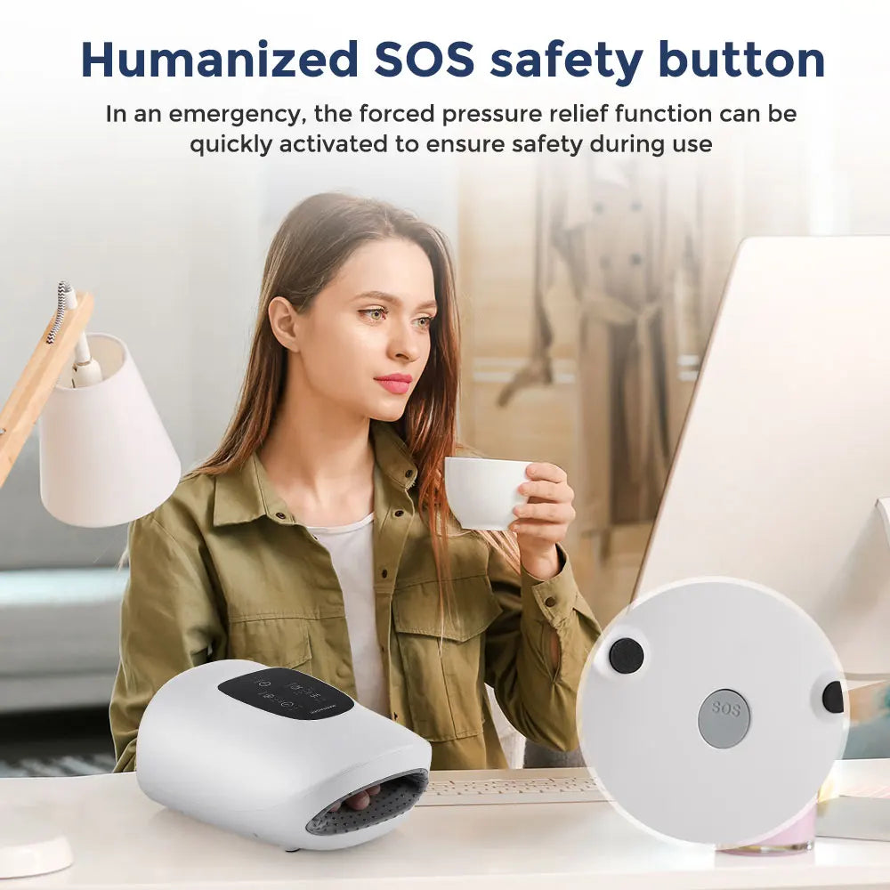 Hand therapy massager with compression and heat for relief from stiffness soreness and fatigue depiction of safety button