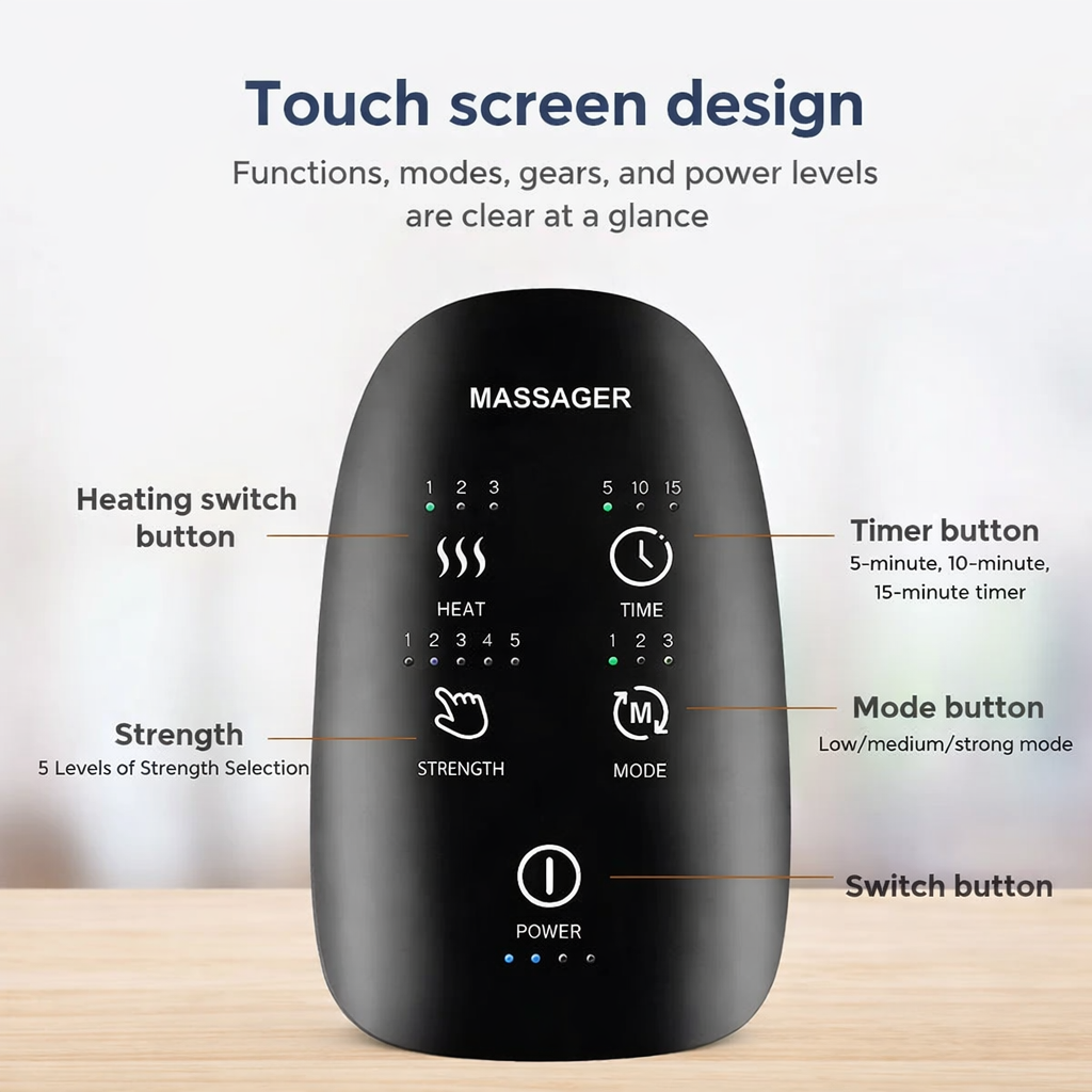 Hand therapy massager with compression and heat for relief from stiffness soreness and fatigue depiction of touch screen design and features