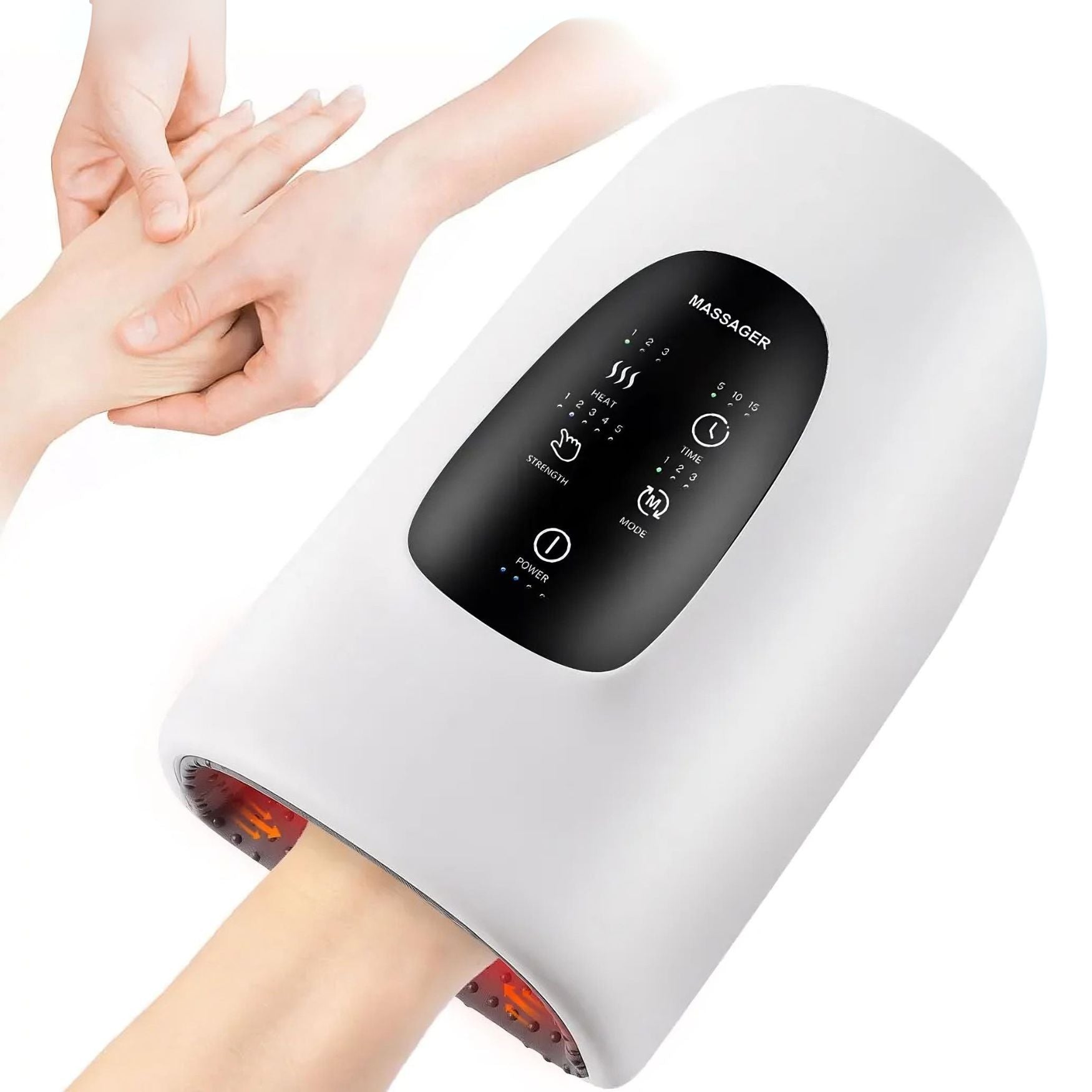Hand therapy massager in white color with compression and heat for relief from stiffness soreness and fatigue (Color: White)