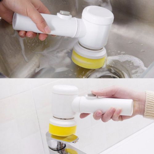 Handheld spin scrubber with interchangeable brush heads for bathroom kitchen and surface cleaning depiction of use