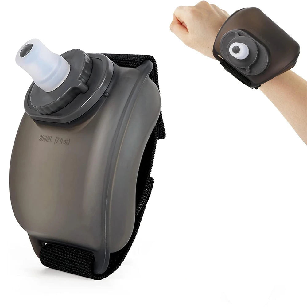 Hands free wrist water bottle in black color with adjustable strap for sports running hiking and outdoor hydration (Color: Black)