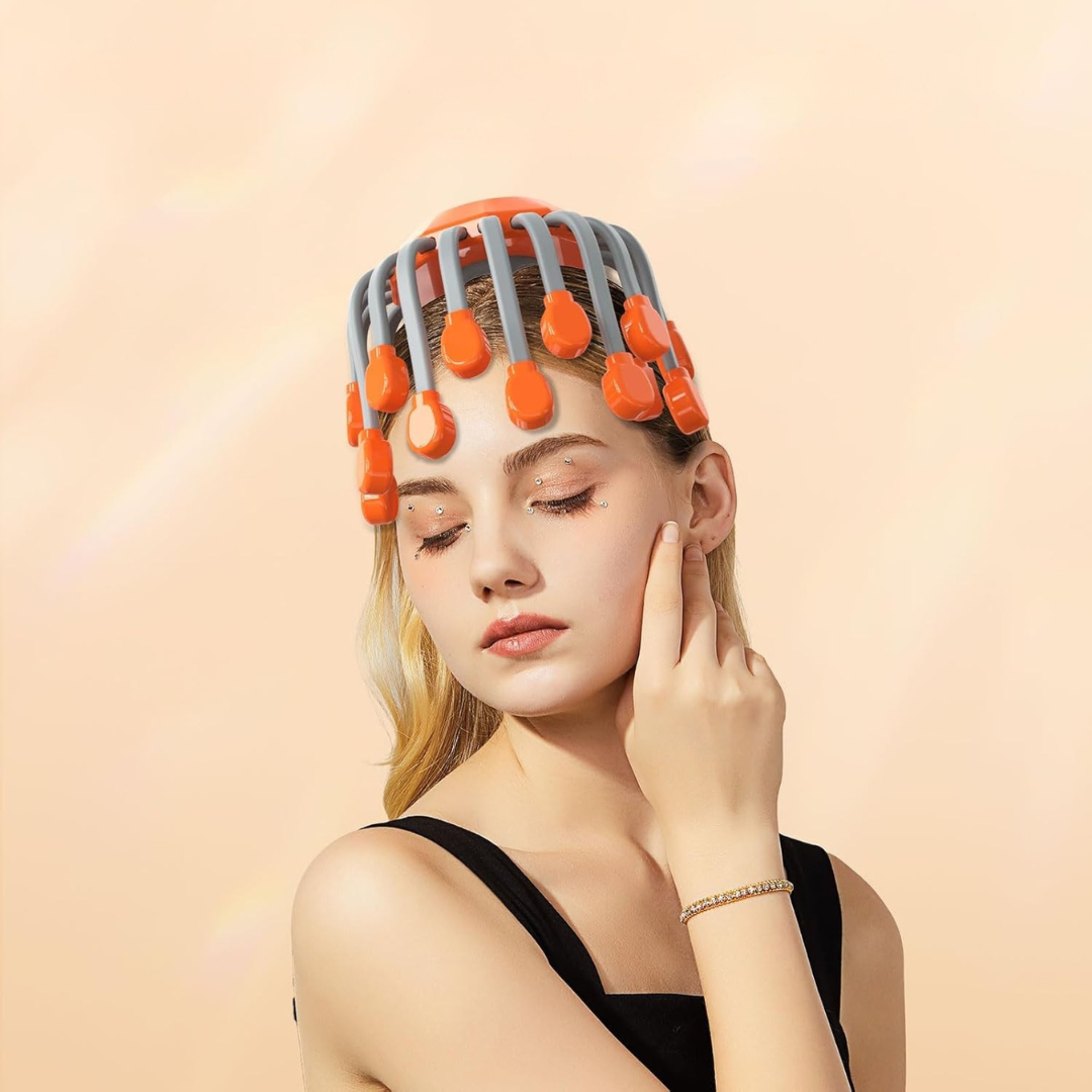 Head massager designed for tension relief and relaxation model shot