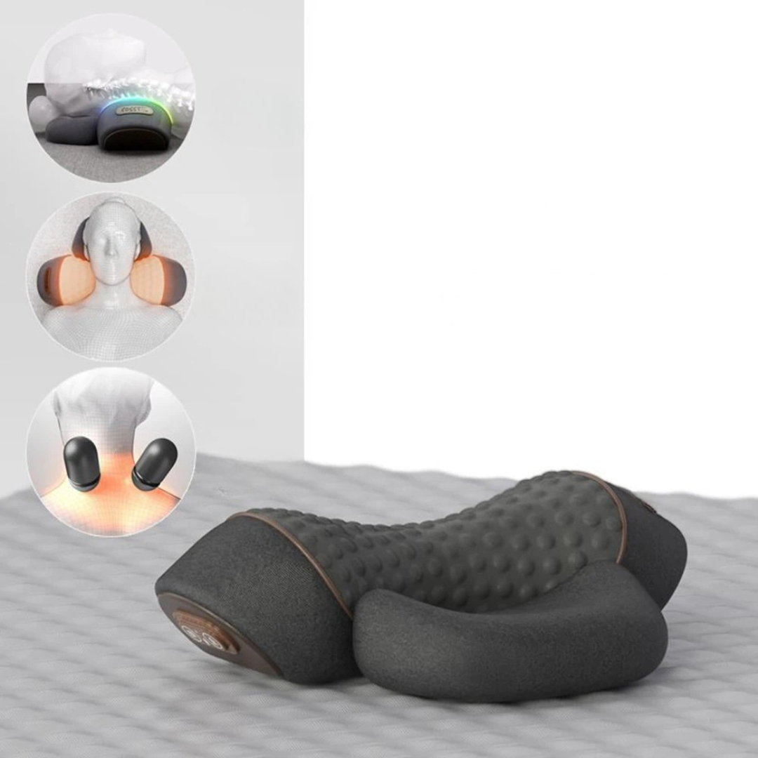 Heated neck massage pillow with vibration function for relaxation and tension relief portable design depiction of various use cases
