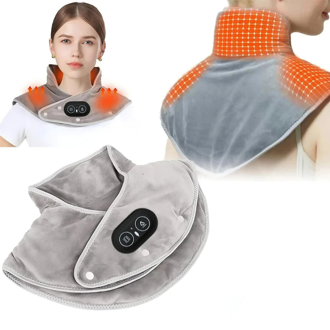 Heated shoulder and neck pad with adjustable heat levels for soothing comfort and relaxation model shot
