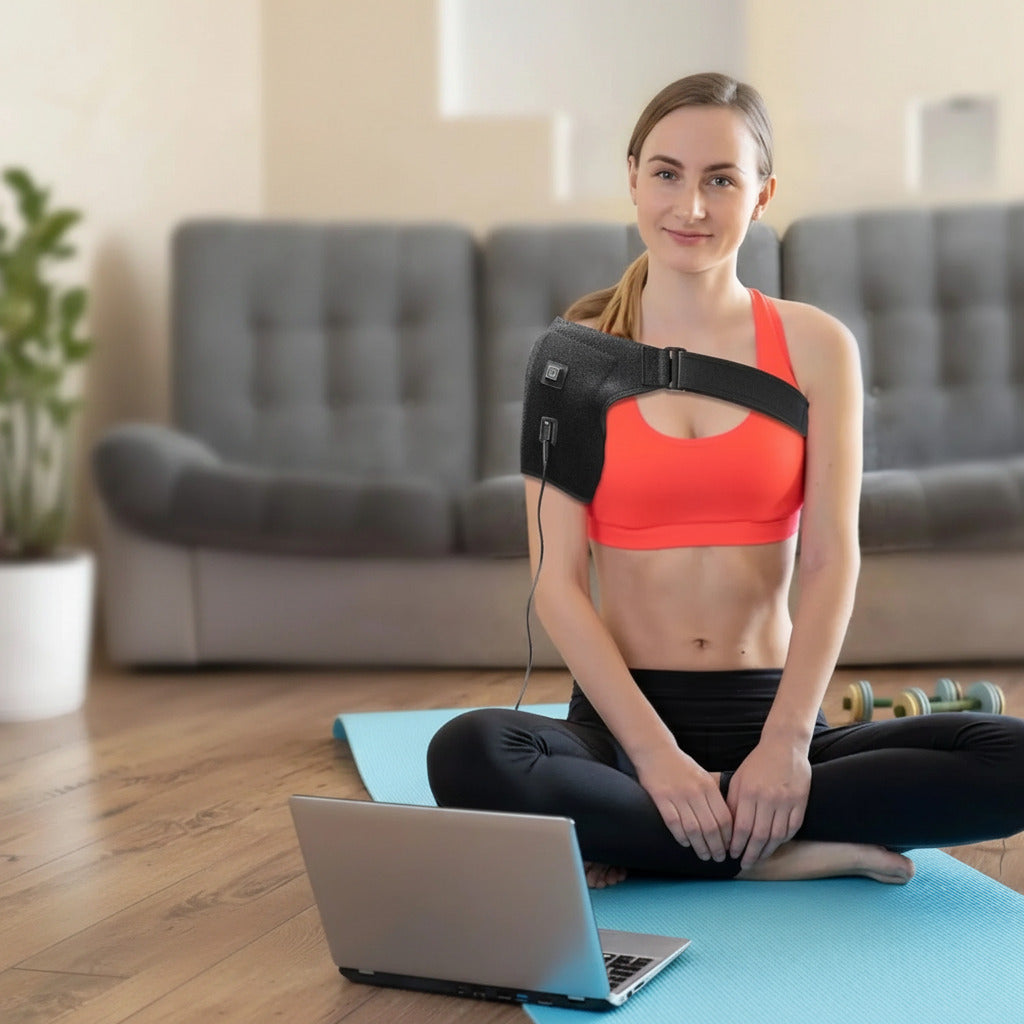 USB heated shoulder support brace for rotator cuff relief and adjustable heat therapy comfort model shot