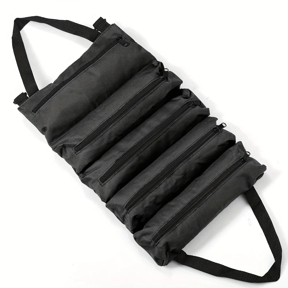 Heavy duty roll up tool bag in black color with multiple compartments and detachable pouches (Color: Black)