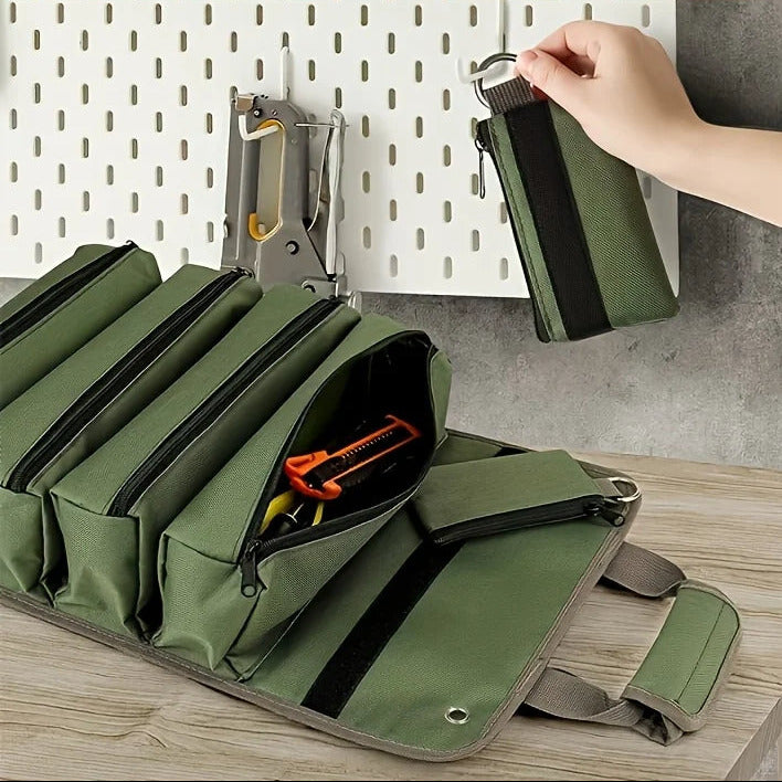 Heavy duty roll up tool bag with multiple compartments and detachable pouches depiction of detachable compartments