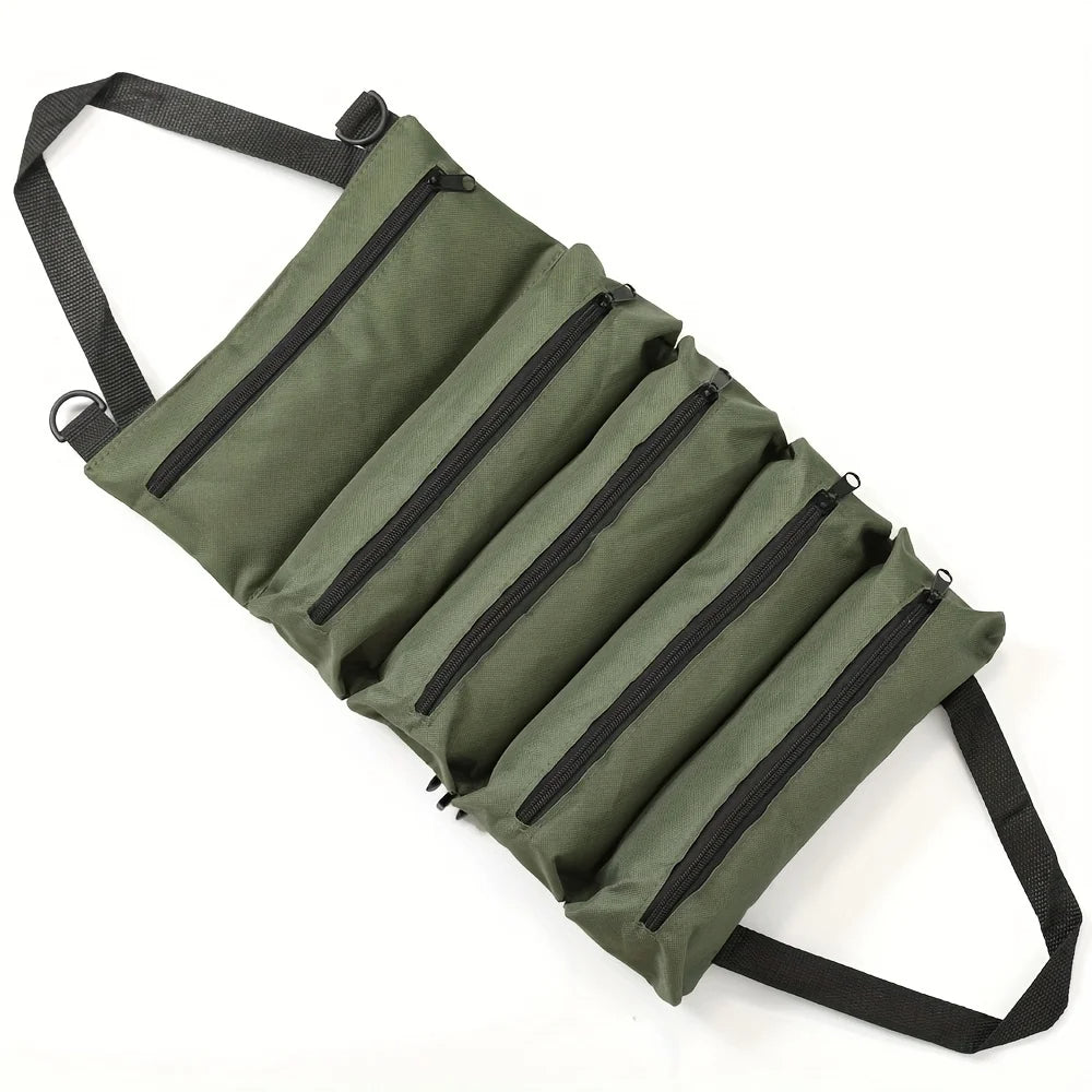Heavy duty roll up tool bag in green color with multiple compartments and detachable pouches (Color: Green)