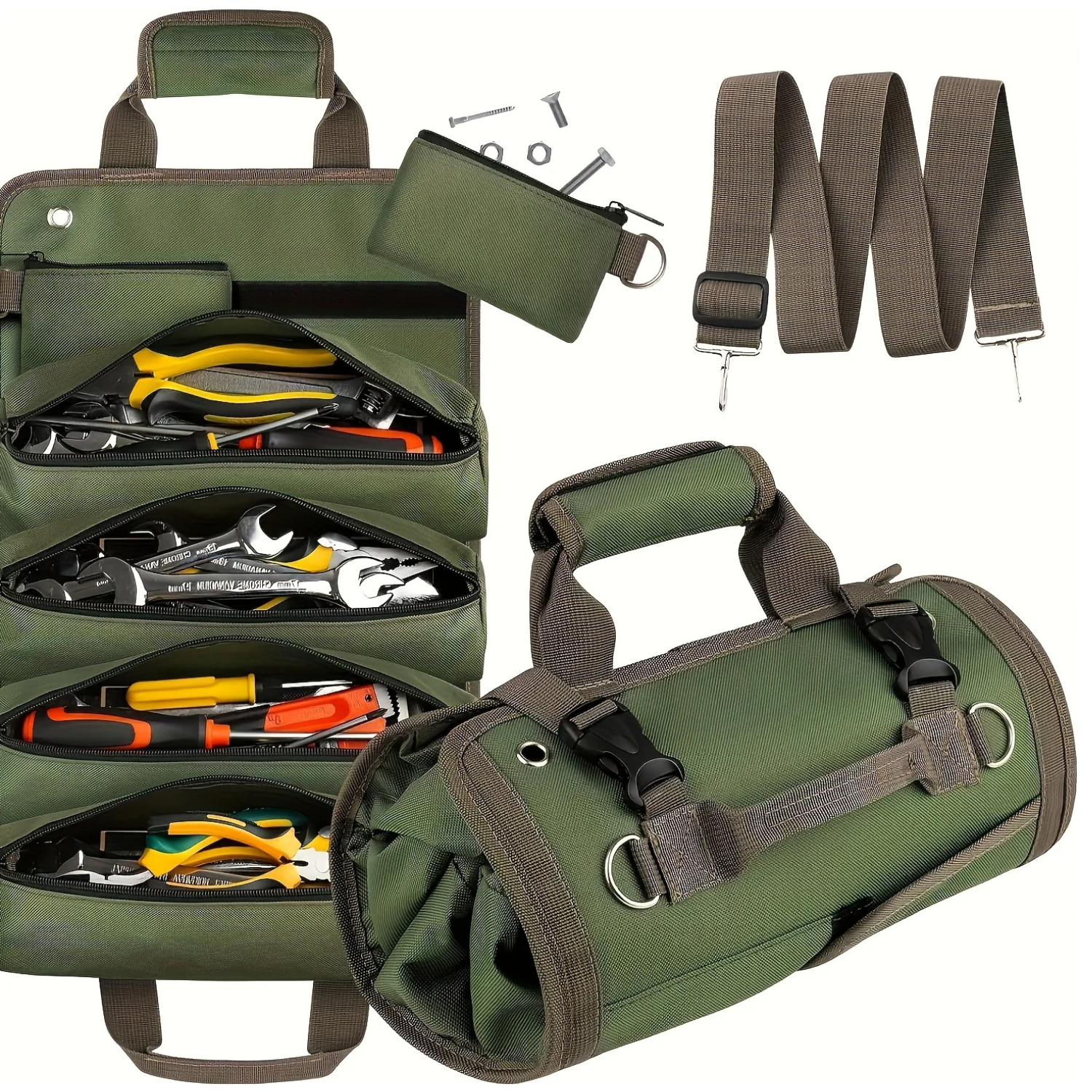Heavy duty roll up tool bag with multiple compartments and detachable pouches