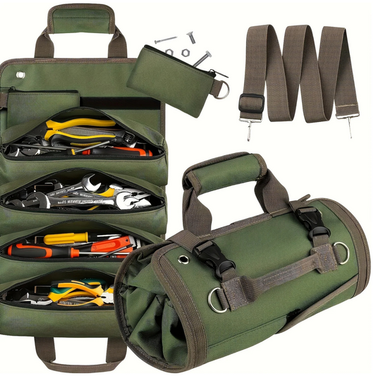 Heavy duty roll up tool bag with multiple compartments and detachable pouches