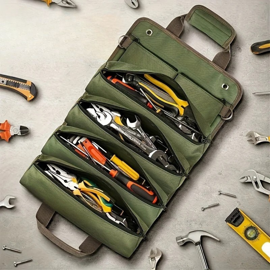 Heavy duty roll up tool bag with multiple compartments and detachable pouches product shot