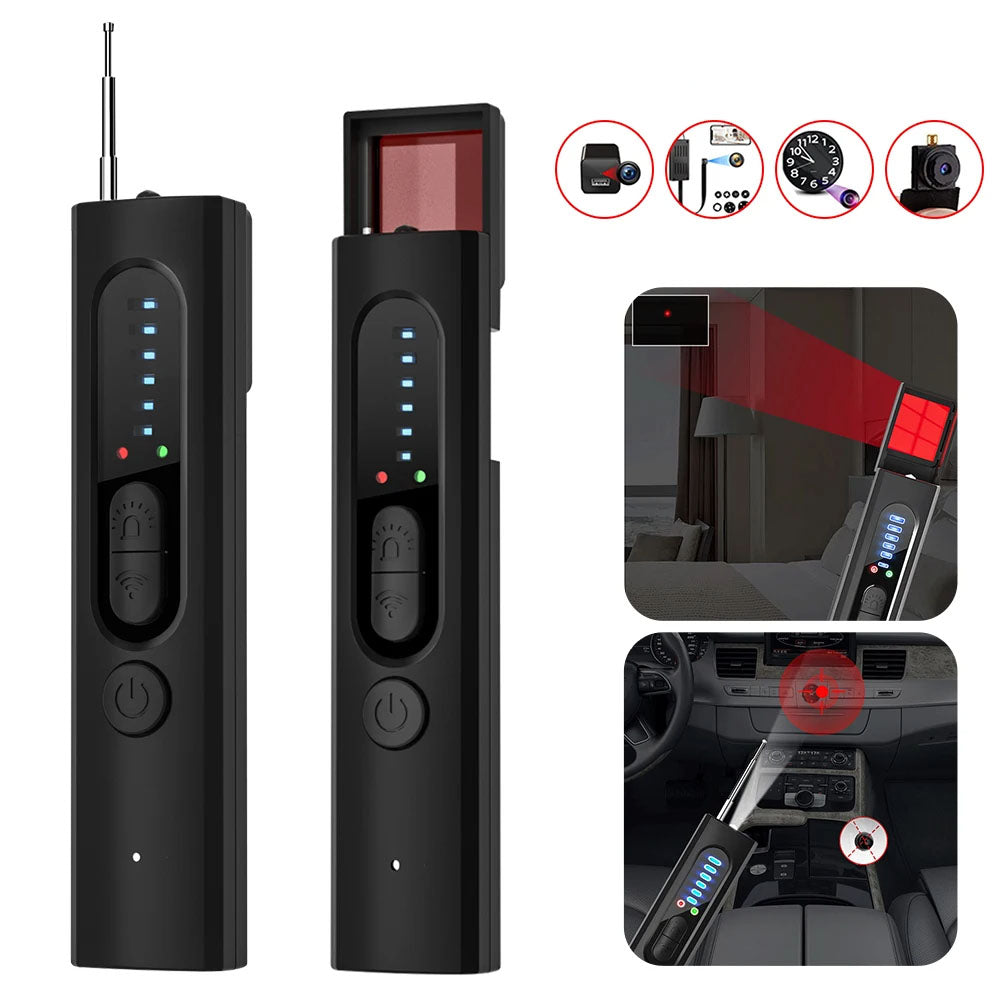 Portable hidden camera and gps detector with infrared and signal detection product shot depiction of use in a bedroom