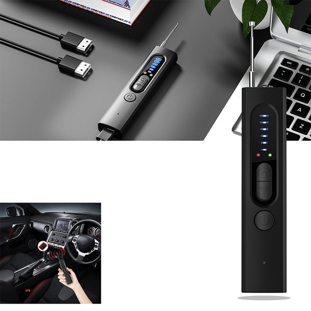 Portable hidden camera and gps detector with infrared and signal detection product shot depiction of use in a car