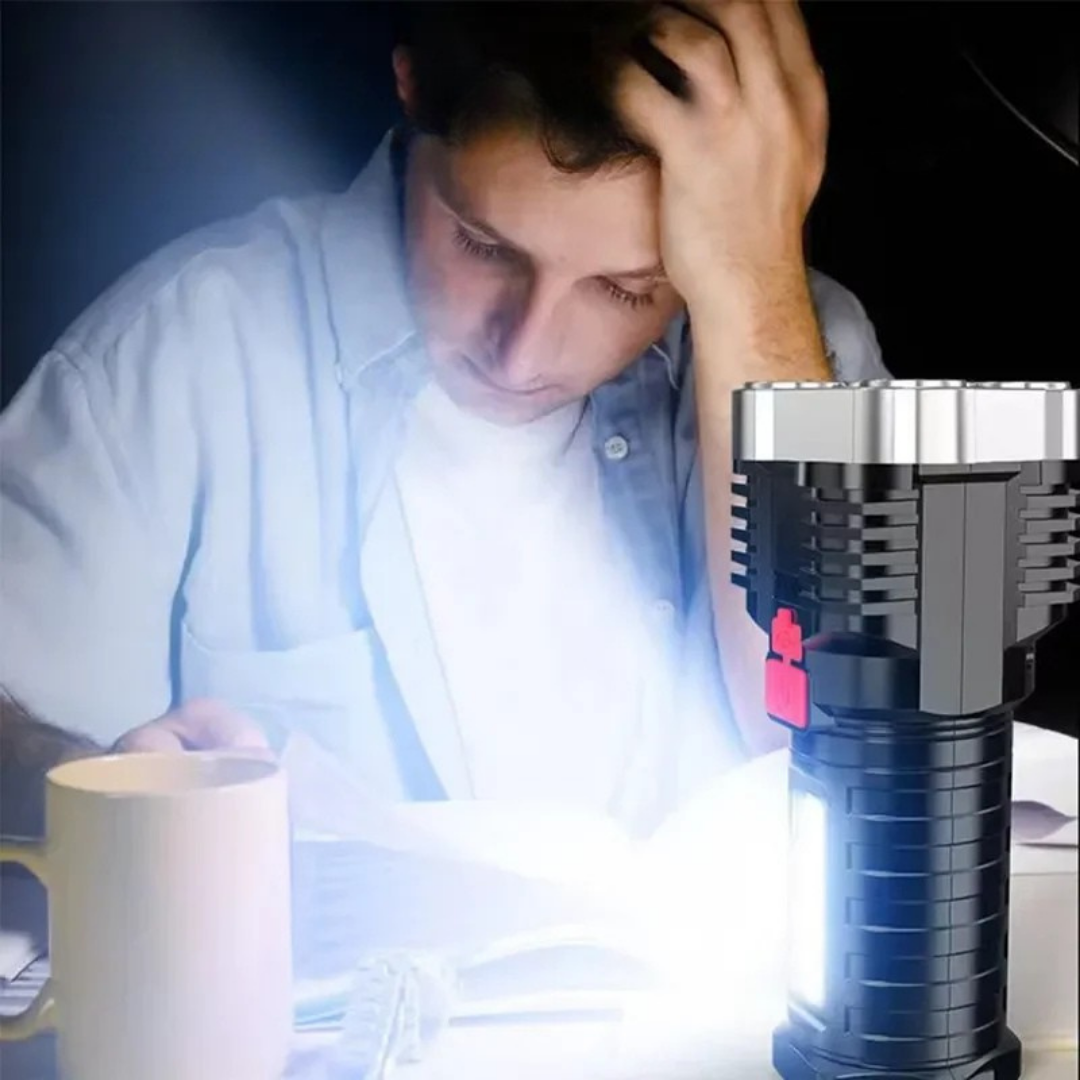 High power led flashlight with long range beam rechargeable design and multiple lighting modes depiction of alternative use as a desk light