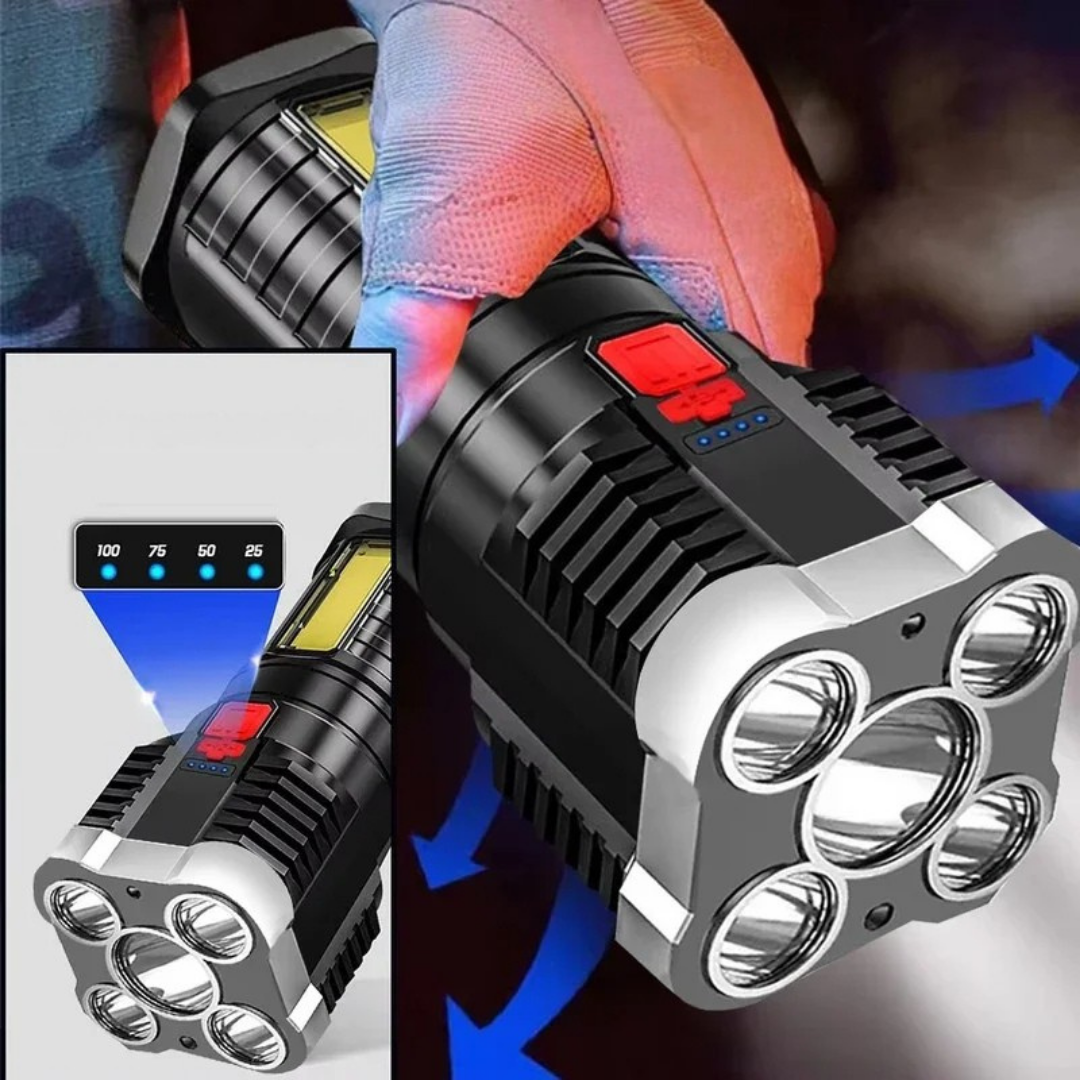 High power led flashlight with long range beam rechargeable design and multiple lighting modes depiction of real time power monitoring