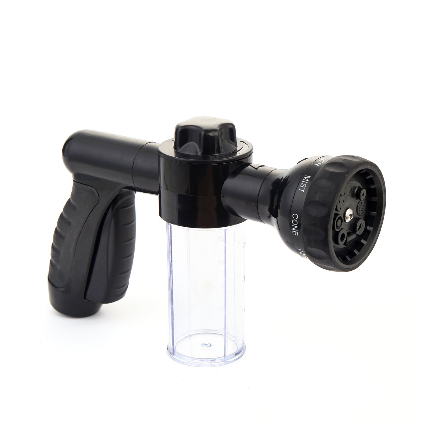 High pressure hose foam sprayer in black color with adjustable spray patterns and built in soap dispenser for cleaning and watering (Color: Black)